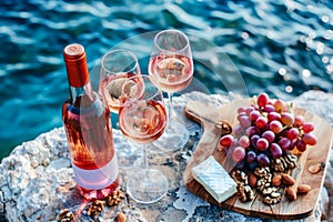 Romantic Sunset Picnic by the Sea With RosÃ© Wine and Fresh Grapes