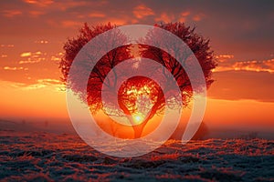 Romantic sunset Red heart shaped tree stands out in evening glow