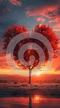 Romantic sunset Red heart shaped tree stands out in evening glow