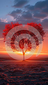 Romantic sunset Red heart shaped tree stands out in evening glow