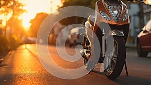 Romantic Sunset Scene: Parked Orange Motorbike In Ethereal Light