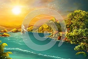 Romantic sunset seascape with mediterranean city