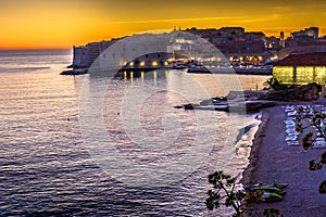 Romantic sunset sky over famous Dubrovnik city.