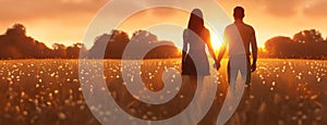 Romantic Sunset Stroll: Couple Walking Through Golden Fields. A couple's silhouette against the sunset over a field