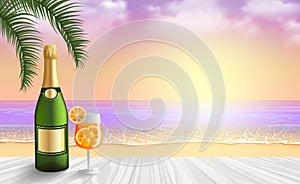 Romantic sunset vector background with a champagne bottle mockup and glass of aperol spritz cocktail