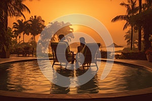 romantic swimming couple travel relax back honeymoon vacation sunset pool. Generative AI.