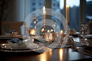 Romantic table setting with candles and flowers