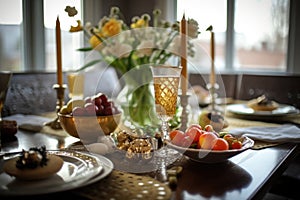 Romantic table setting with candles and flowers