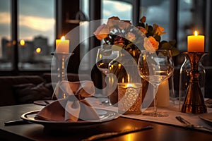 Romantic table setting with candles and flowers