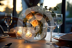 Romantic table setting with candles and flowers