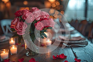 Romantic table setting with candles with rose petals, a heart shaped decoration and a vase filled with roses. Bokeh lights of