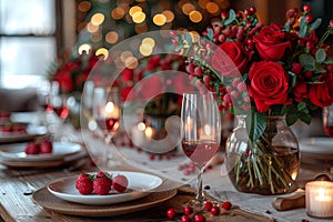 Romantic table setting with red roses in vase on the table