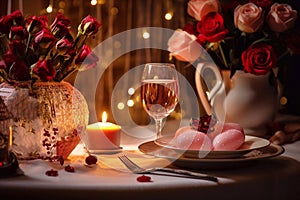 Romantic table setting with roses, candles and wine. Valentine's Day.