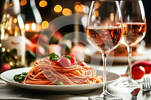 Romantic table setting with spaghetti and wine photo