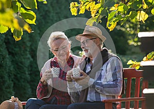 Romantic talk of senior couple in park photo
