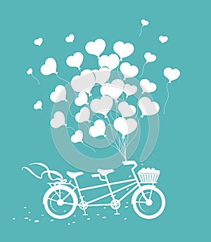 Romantic Tandem Bike with hearts balloons silhouette