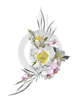 Romantic, tender isolated bouquet with white and pink flowers of lilies and orchids on a white background. Vector with