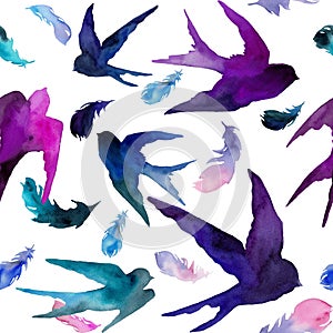 Romantic theme in pink, blue and violet swallows and feathers in seamless pattern