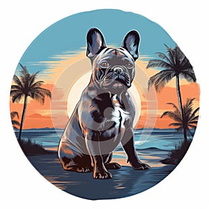 Romantic Tonalism: Black Bulldog With Palm Trees Circle T-shirt Design photo