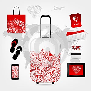 Romantic travel suitcase with set of trip things