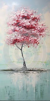 Romantic Tree Painting In Pink: Abstract Realism With Textured Aquamarine And Red