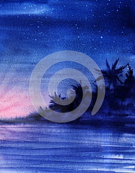 Romantic tropical landscape background. Dark silhouette of seaside with palms against twilight starry sky of blue and