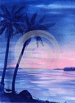 Romantic tropical landscape background. Dark silhouettes of palm trees against delicate sunset. Blue and pink sky merges with its