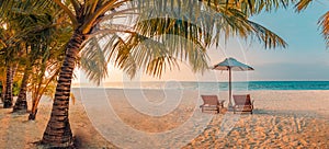 Romantic tropical sunset scenic, two sun beds, loungers, umbrella under palm tree leaves. White sand landscape sea view horizon