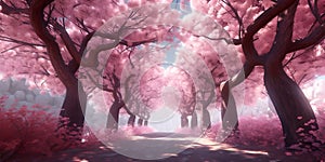 the romantic tunnel of pink cherry blossom flower trees spring in the park
