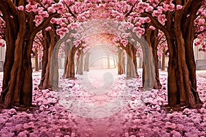 The romantic tunnel of pink flower trees.