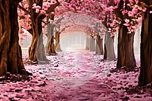 The romantic tunnel of pink flower trees.