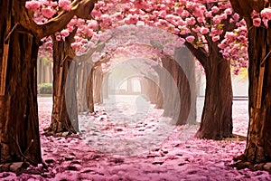 The romantic tunnel of pink flower trees.