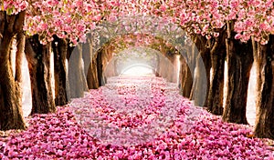 The romantic tunnel of pink flower trees photo