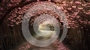 The romantic tunnel of pink flower trees. Generative AI