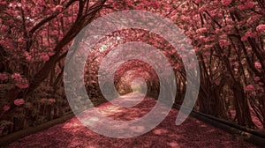 The romantic tunnel of pink flower trees. Generative AI