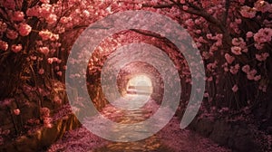 The romantic tunnel of pink flower trees. Generative AI