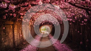 The romantic tunnel of pink flower trees. Generative AI