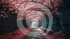 The romantic tunnel of pink flower trees. Generative AI