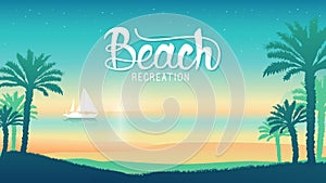 Romantic vacation on the beach at sunset illustration. Silhouette boat overwater luxury resort a view on the Otemanu, Bora Bora,