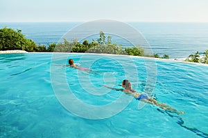 Romantic Vacation For Couple In Love. People In Summer Pool