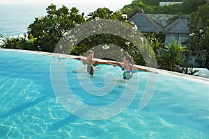 Romantic Vacation For Couple In Love. People In Summer Pool