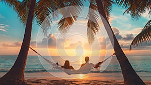 romantic vacation for newlyweds on tropical islands. honeymoon man and woman spend enjoying the sunset on a hammock under the palm