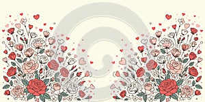 Romantic Valentine background with red roses, flowers, and hearts, vector illustration wallpaper, generative ai