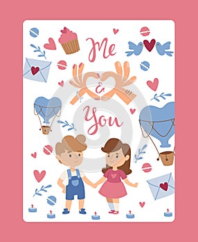 Romantic valentine card, vector illustration. Isolated icons of love, cute children holding hands, boy and girl cartoon