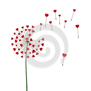 Romantic Valentine`s background. Dandelions with flying hearts. February 14 holiday of love. Vector