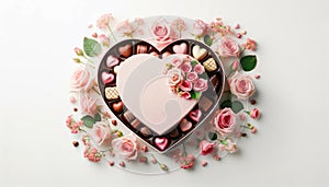 Romantic Valentine\'s Day Composition with Pink Roses and Heart-Shaped Chocolate Box