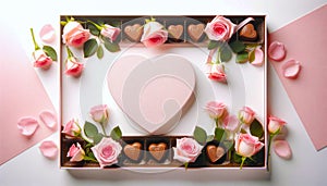 Romantic Valentine\'s Day Composition with Pink Roses and Heart-Shaped Chocolate Box