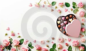 Romantic Valentine\'s Day Composition with Pink Roses and Heart-Shaped Chocolate Box