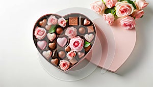 Romantic Valentine\'s Day Composition with Pink Roses and Heart-Shaped Chocolate Box