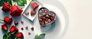 Romantic Valentine\'s Day Composition with Red Roses and Heart-Shaped Chocolate Box